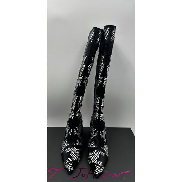 Betsey Johnson Naomi Black Silver Rhinestone Knee High Boots 6.5 New In Box - Picture 2 of 7